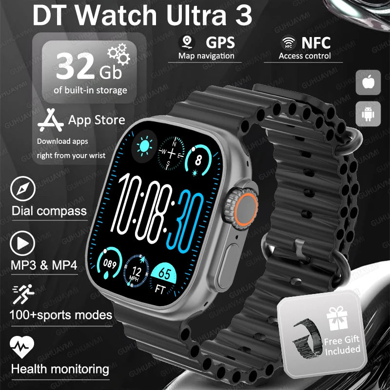 DT Ultra 3 Pro Smart Watch HD AMOLED Screen 32GB MP3 MP4 Player APP Store GPS Navigator ChatGPT NFC Sports Smartwatch Men Women