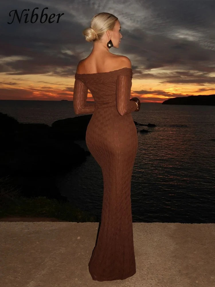 Nibber Mesh Patchwork Dress Women Slash Neck Backless Skinny Stretch Full Sleeve Autumn Trend Vacation Long Bodycon Vestidos