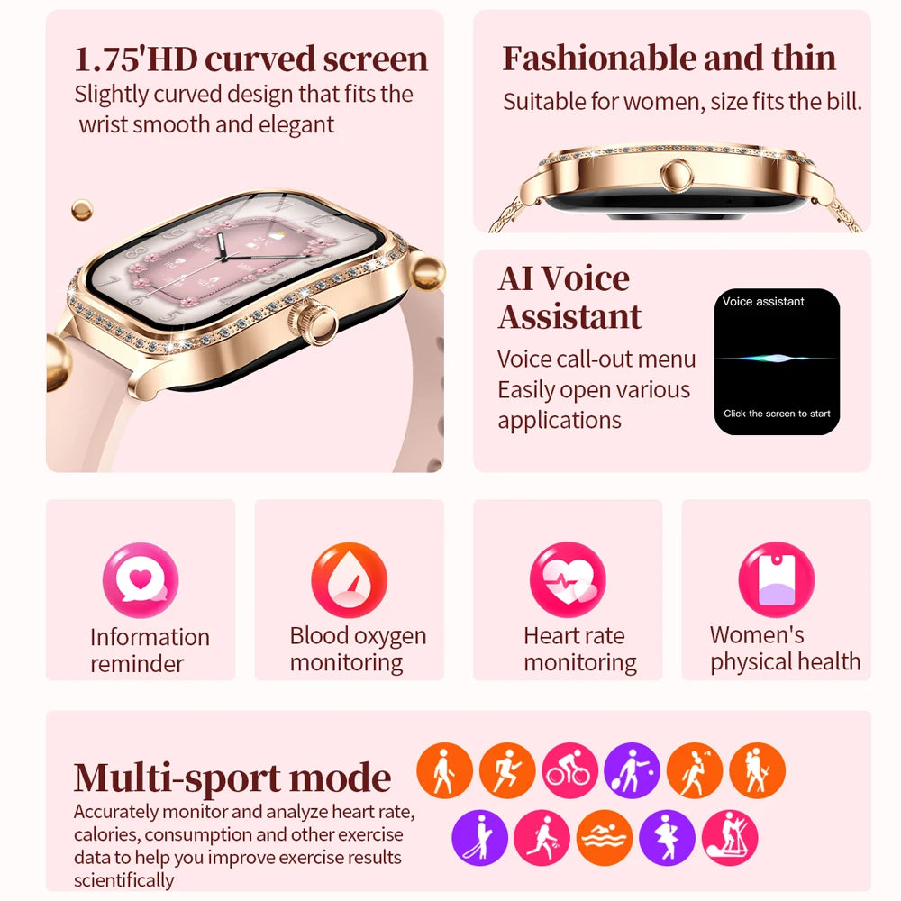 New Fashion Women Smart Watch 1.75inch Curved Screen Sports Bracelet BT HD Calling Clock IP68 Waterproof Diamond Case Smartwatch