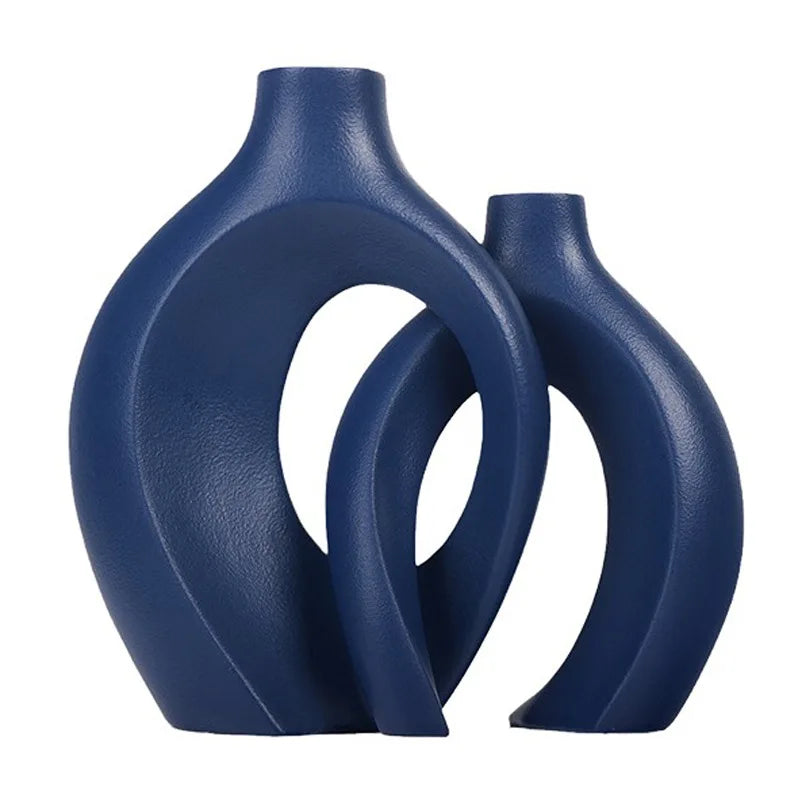 , Hollow Cuddled Ceramic Vase, 2 for Modern Home Decoration, Boho Donut Vase, Black and White Minimalist Decorative Flowerpot