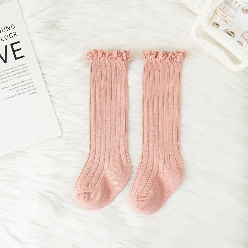 Ruffle Kids Knee High Socks Baby Girls Toddlers Long Soft Cotton Sock Lace Flower Children School Uniform Socks For 0-8 Years