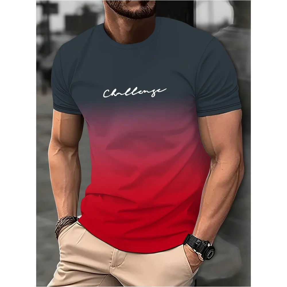 Fashion Men's Gradient Colour Letter Printed T-Shirt Casual Short Sleeve Round Neck T Shirt Summer Outdoor Sports Tees Clothing