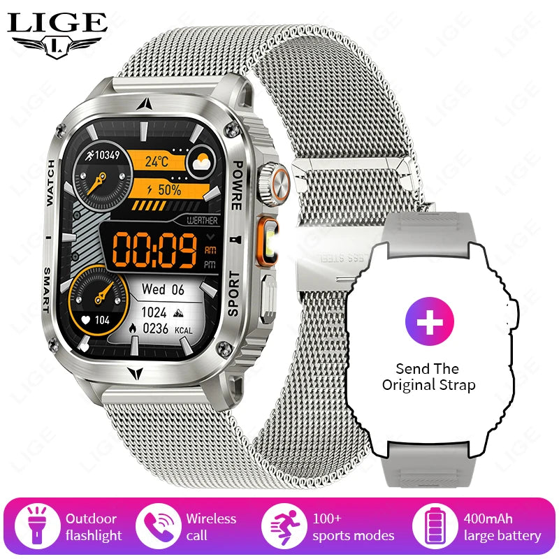 LIGE New Premium Military Smart Watch Men Flashlight Waterproof Outdoor Sport Tracker Bluetooth Call Smartwatch 400mAh Battery
