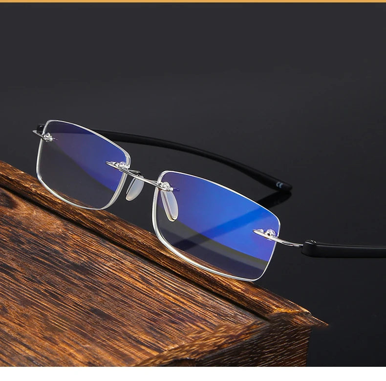 Men's Anti Blue Light Blocking Reading Glasses Cut Frameless Metal HD Lens Eyewear Women Prescription Presbyopic Glasses +400