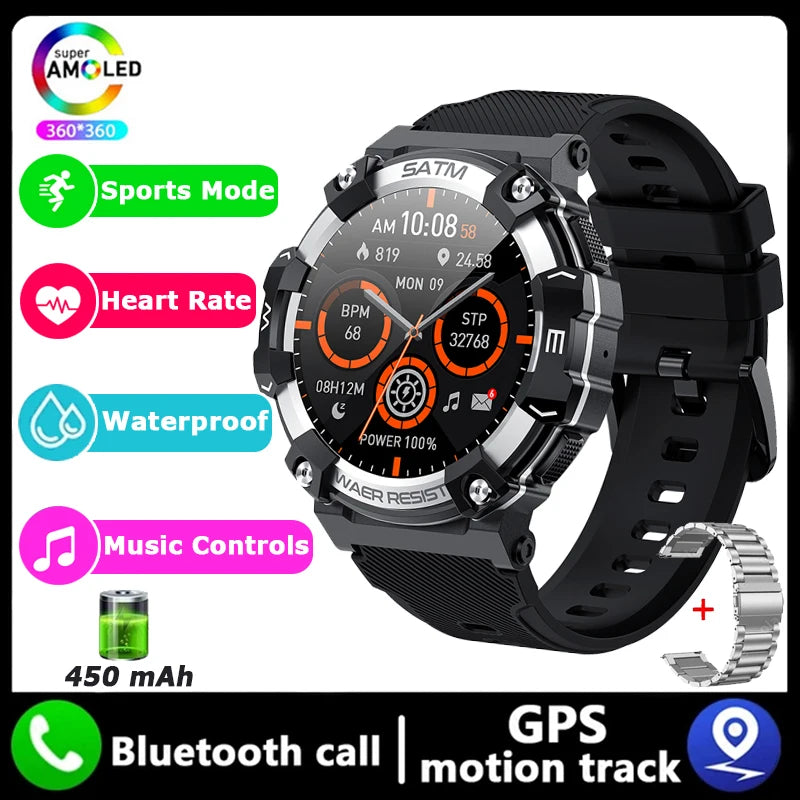 New Outdoor Military Smartwatch For Men Health Monitor Bluetooth Call Voice Assistant GPS Sports Waterproof Men Smartwatch 2024