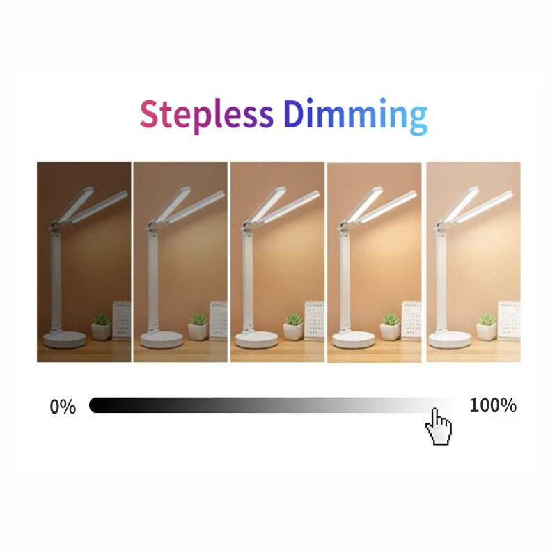LED Table Lamp USB Chargeable Dimmable Clock Desk Lamps 2 Heads 180 Rotate Foldable Eye Protection Desktop Reading Night Lights