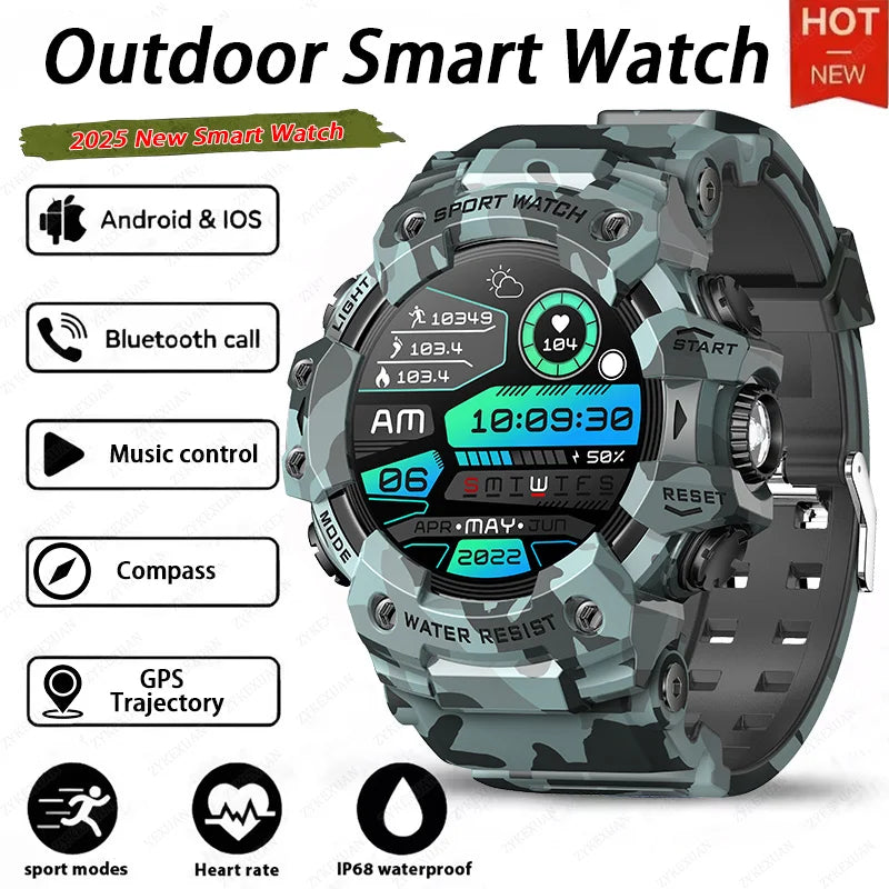 2025 New Rugged Outdoors Sports Smart Watch Men Bluetooth Call Colorful IP68 Waterproof Military Compass Smartwatches Flashlight
