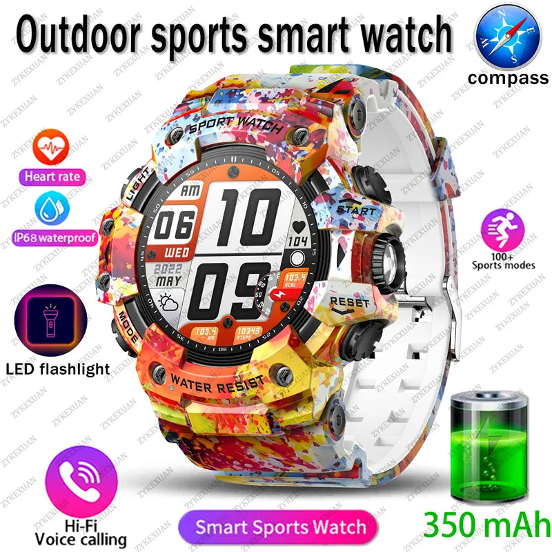 2025 New Rugged Outdoors Sports Smart Watch Men Bluetooth Call Colorful IP68 Waterproof Military Compass Smartwatches Flashlight