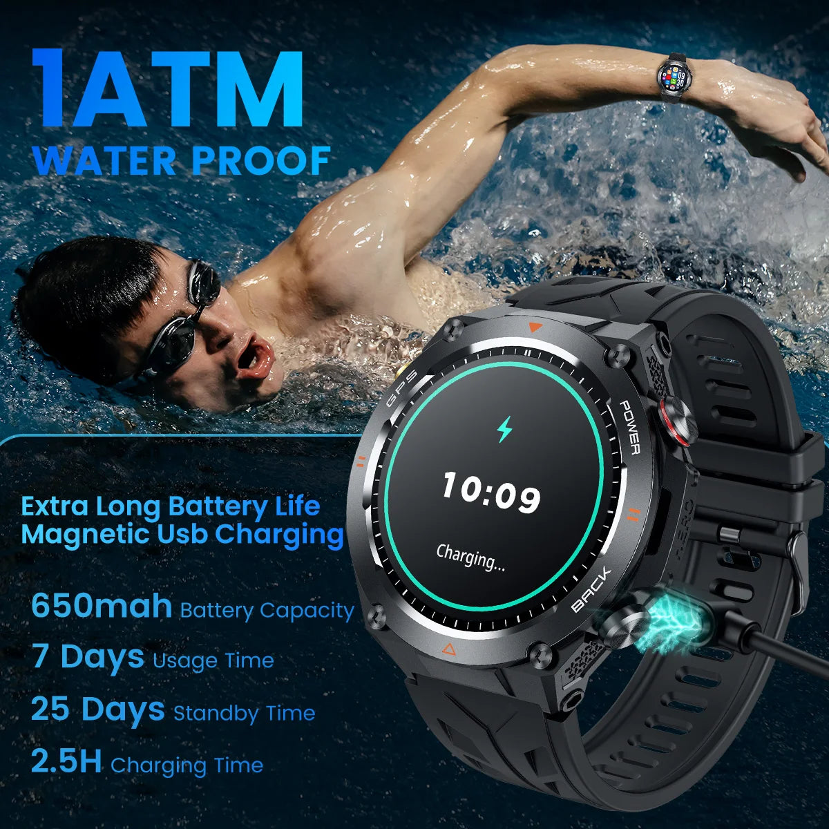 GPS Smart Watch Men Flashlight IPX8 Waterproof Compass 650mAh wireless Call Smartwatch 100+ Sports Modes Outdoor Sport Tracker