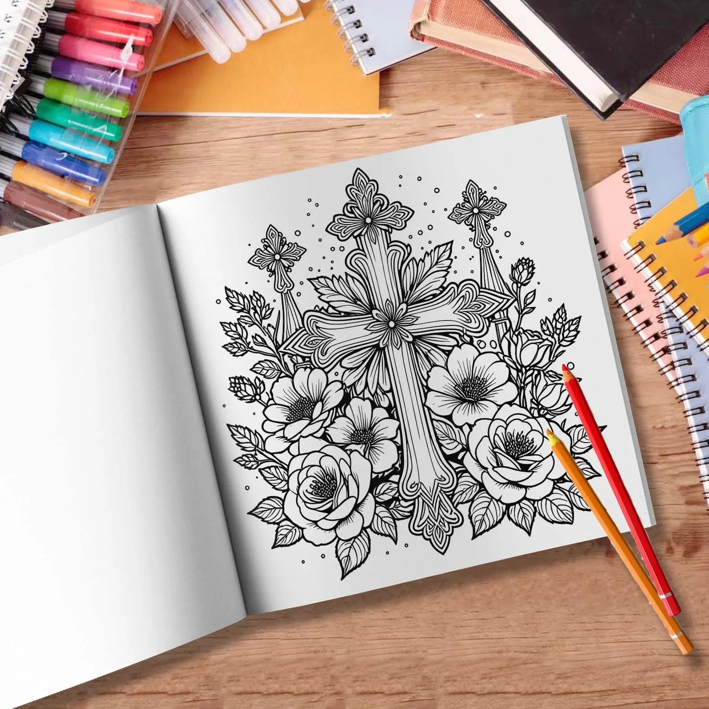 Cross surrounded by flowers Art Coloring Book 24 page Adult Picture Book help relieve stress and mood Graffiti Painting Drawing