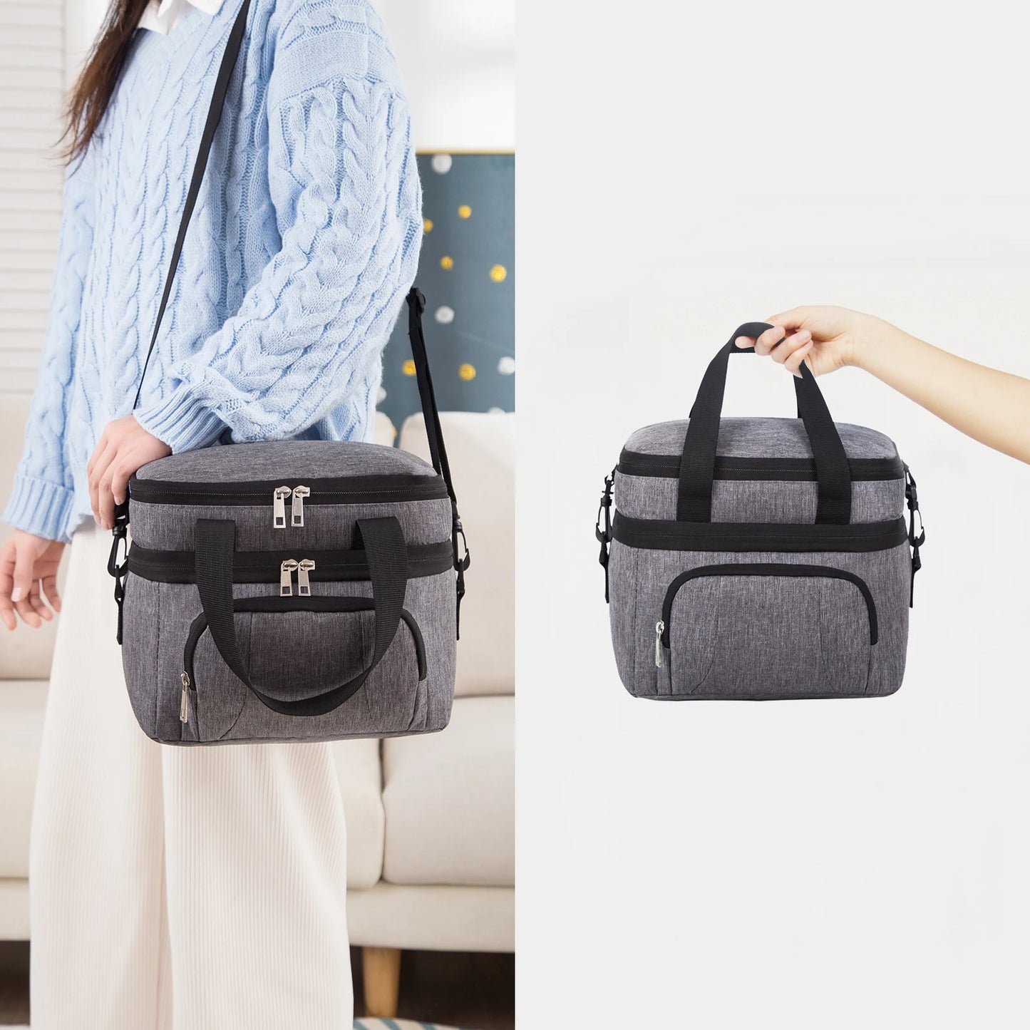 Double Insulated Lunch Bag Layer Portable Thermal Lunch Box Waterproof Picnic Heat Insulating Bag with Adjustable Strap