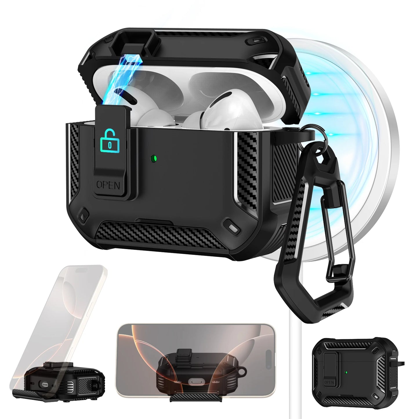 For AirPods 4 Generation Case Cover with Phone Holder Shockproof Hard Shell Protective Case with Cleaner Kt for AirPods Pro/Pro2