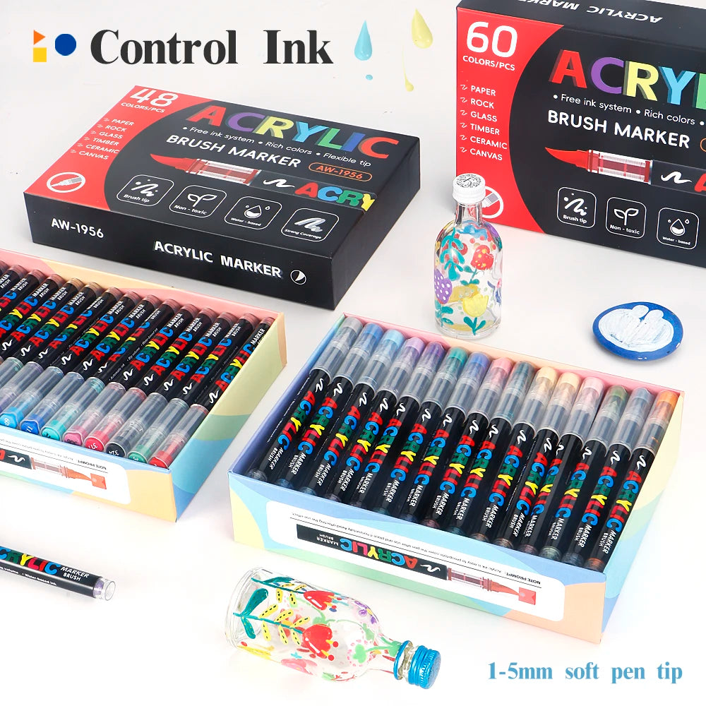 60/72/120/168 Color Acrylic Paint Pen Marker Brush Tip Paint Marker For Rock Painting Wood Canvas Stone Christmas Gift DIY Craft