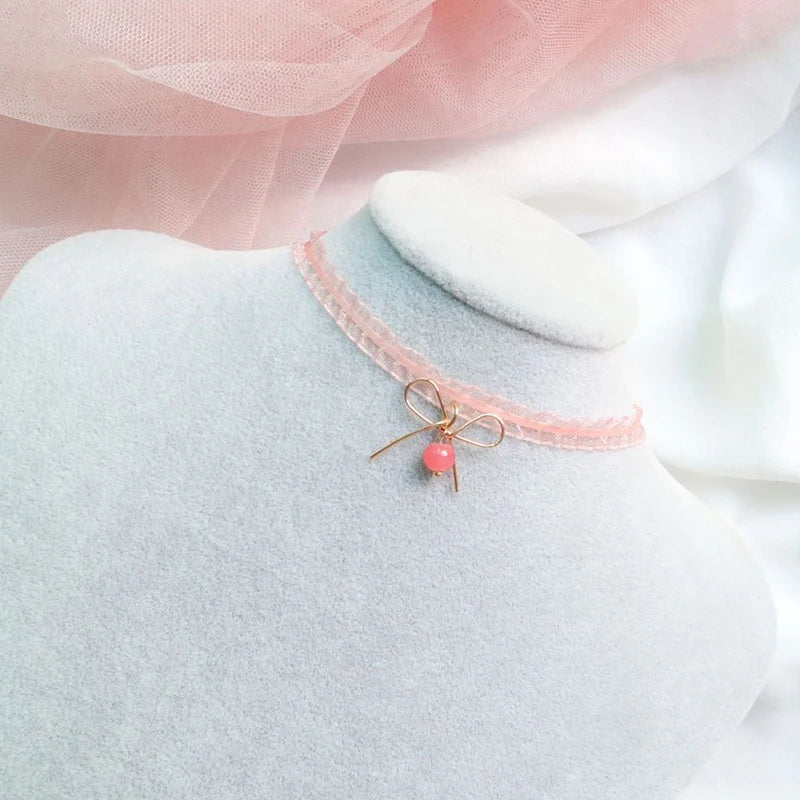 Fashion Women's Choker Necklace Lovely Gothic Pink Lace Pearl Pendant Elastic Short Clavicle Necklace Jewelry Gift For Girls