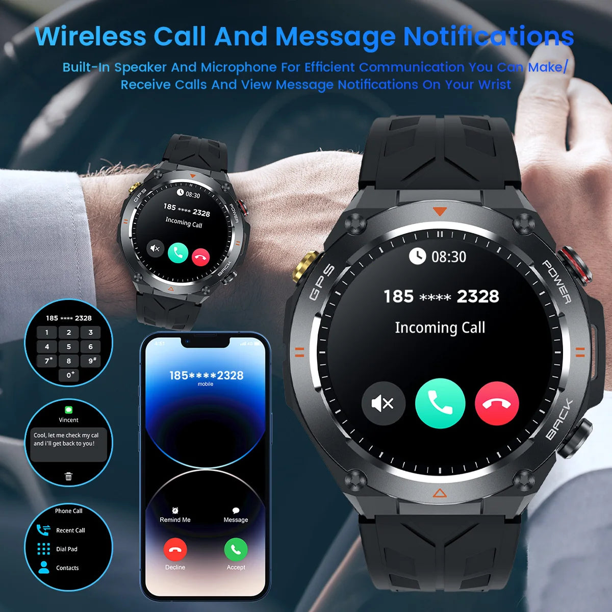 GPS Smart Watch Men Flashlight IPX8 Waterproof Compass 650mAh wireless Call Smartwatch 100+ Sports Modes Outdoor Sport Tracker
