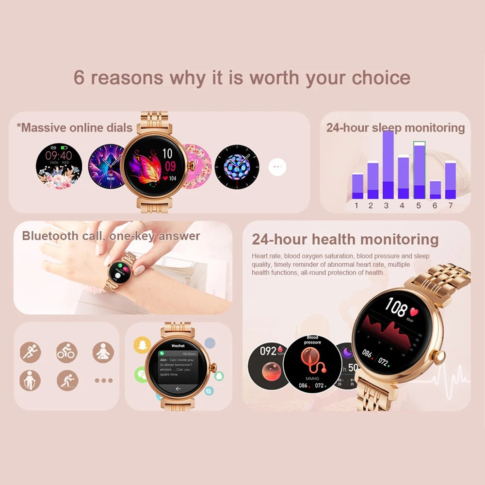 AMOLED Bluetooth Call Smart Watch Screen Always Display 1.04 inch Fashion Ladies Smartwatch Metal Body Small Screen Watch