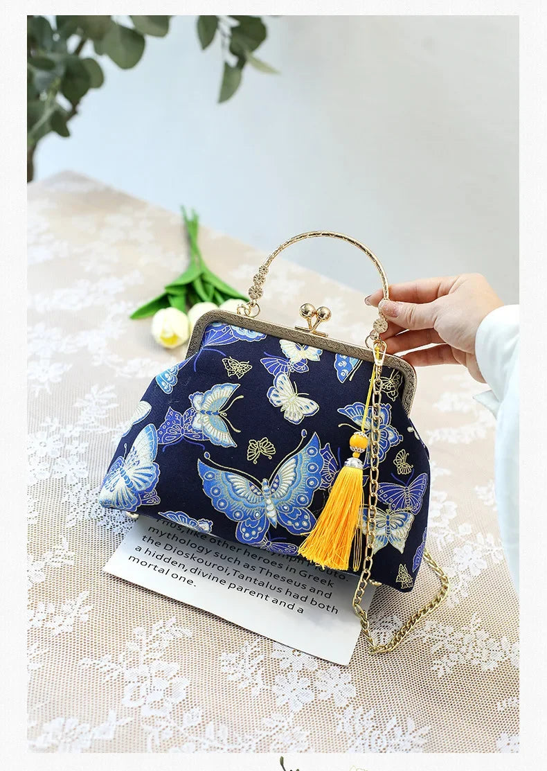 Fashion Vintage Fringe Bag Small Shell Bags Chain Women Shoulder Crossbody Bag Crane Flying Women's Handbags Purses Embroidery