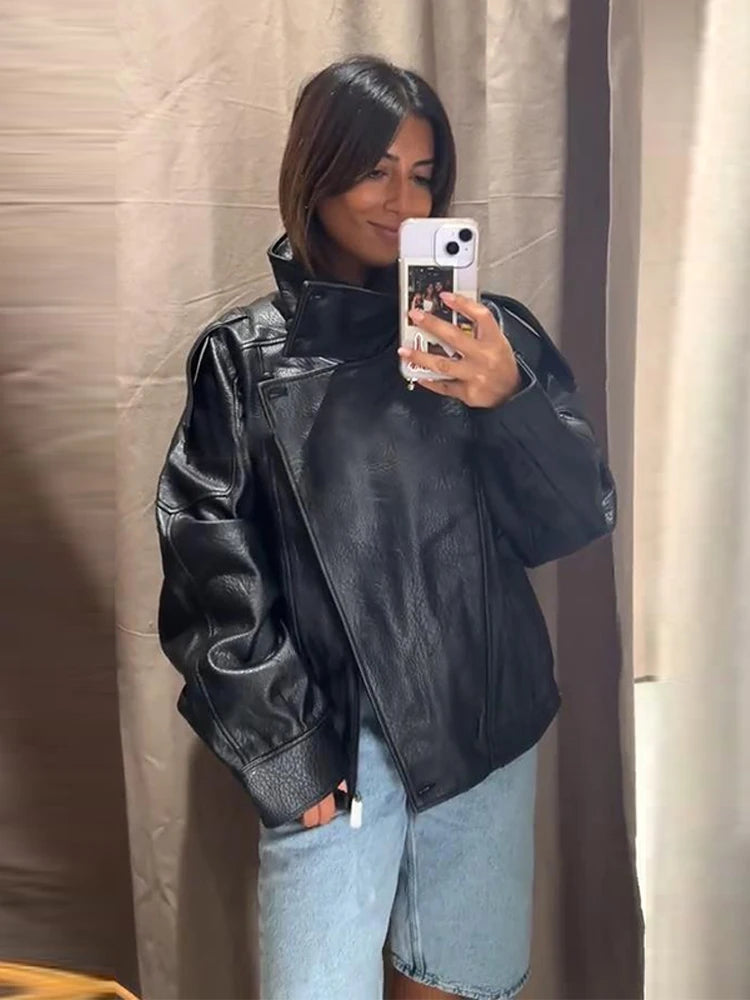 Retro Stand Collar PU Leather Jacket Women Classic Casual Zipper Single Breasted Black Jackets Lady 2025 Autumn Chic Streetwear