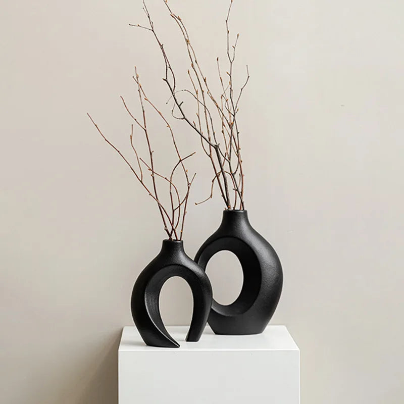 , Hollow Cuddled Ceramic Vase, 2 for Modern Home Decoration, Boho Donut Vase, Black and White Minimalist Decorative Flowerpot