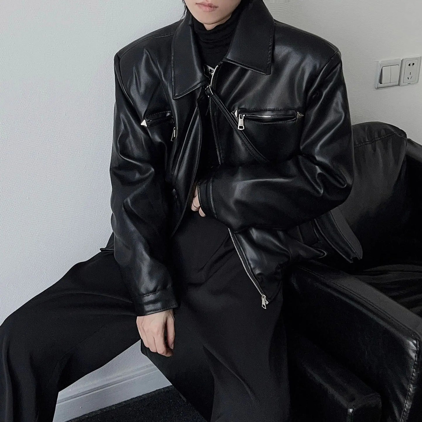 American PU Leather Coat Bomber Jacket Men Autumn Leather Jacket Men's Lapel Zipper Biker Jacket Men Clothing Coat Streetwear