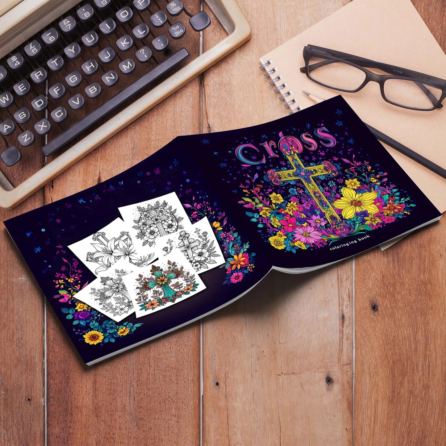 Cross surrounded by flowers Art Coloring Book 24 page Adult Picture Book help relieve stress and mood Graffiti Painting Drawing