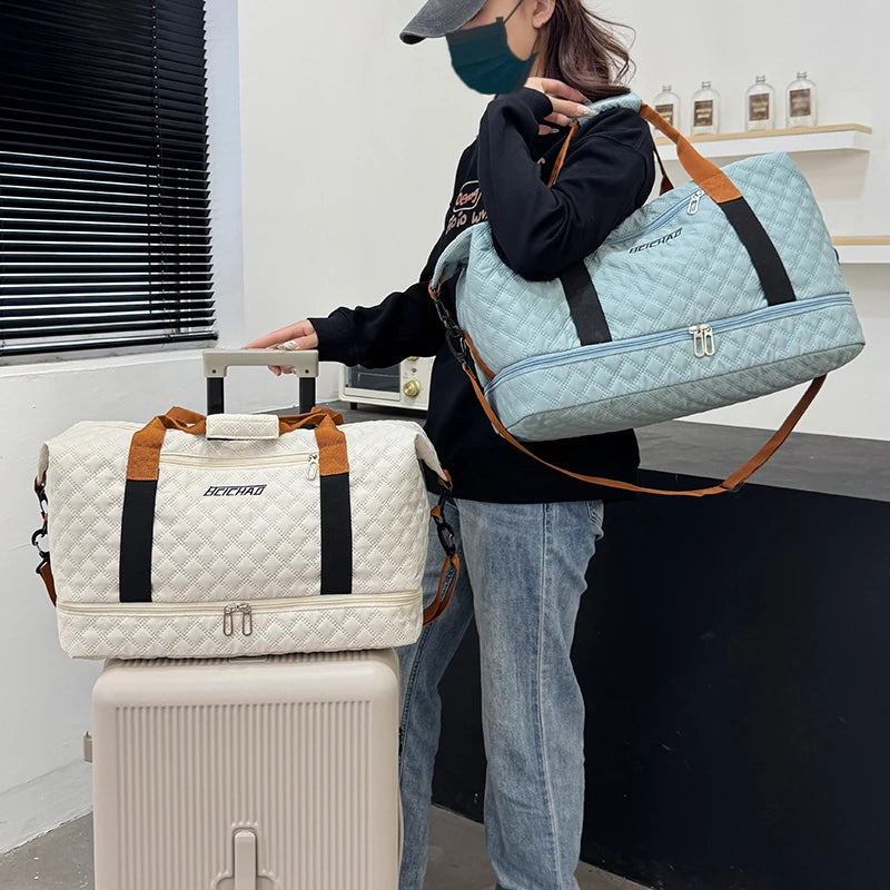 Nylon Travel Duffle Bag with Shoe Compartment, Large Capacity Argyle Pattern Casual Weekender Overnight Gym Storage Bag