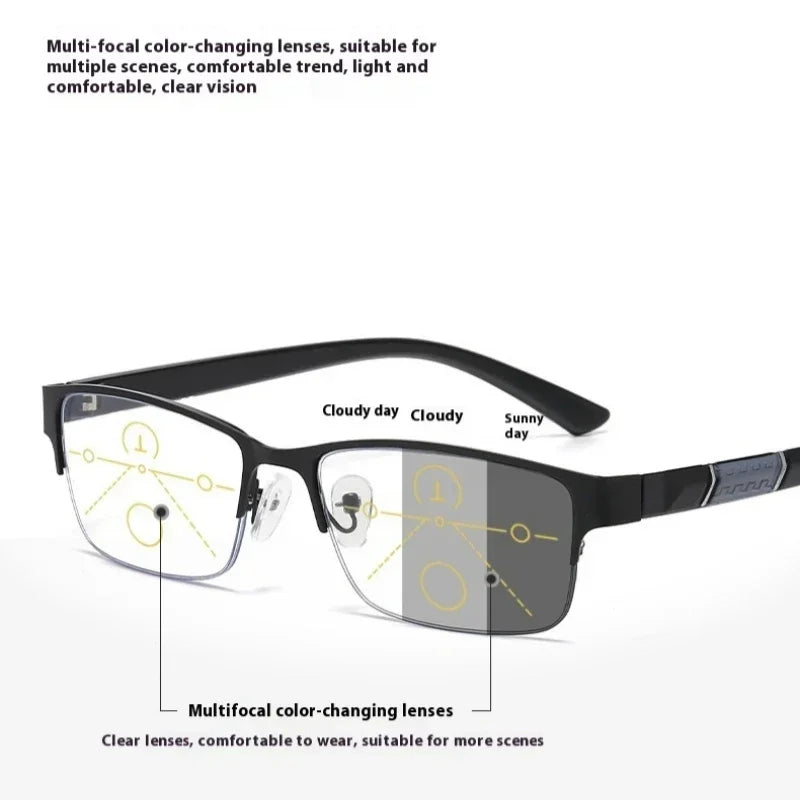 Metal Frame Far Sighted Eyeglasses with Sunshades Smart Photochromic Multifocal Reading Glasses Men Business Presbyopia Eyewear