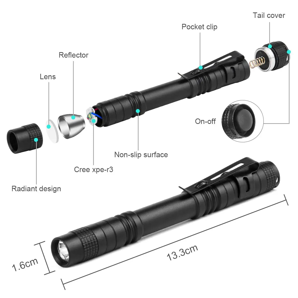 Portable Mini LED Pen Flashlight Waterproof Pocket Torch Handheld Light for Outdoor Camping Hiking Car Repair Emergency Home Use