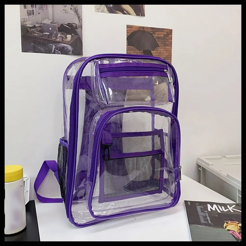 Casual PVC Clear Backpack Large Capacity with Multi-pockets Students Bookbag See Through Waterproof Transparent Backpack Travel
