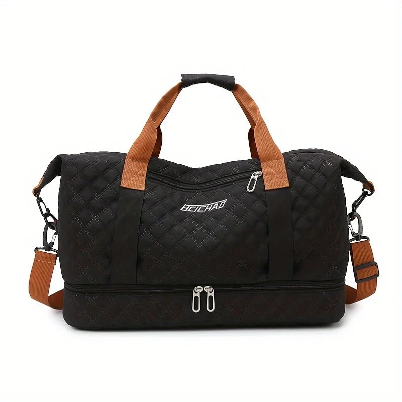 Nylon Travel Duffle Bag with Shoe Compartment, Large Capacity Argyle Pattern Casual Weekender Overnight Gym Storage Bag