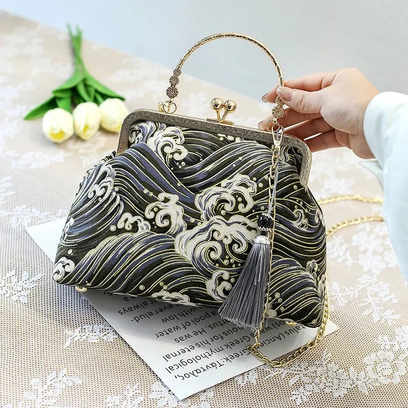 Fashion Vintage Fringe Bag Small Shell Bags Chain Women Shoulder Crossbody Bag Crane Flying Women's Handbags Purses Embroidery