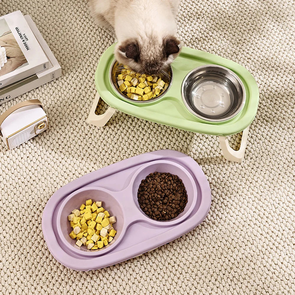 Pet Bowl Double Bowl: Elevated Foldable Design for Cats & Dogs, Anti-Spill, Large Capacity, Cat Food Bowl Dog Feeding Plate