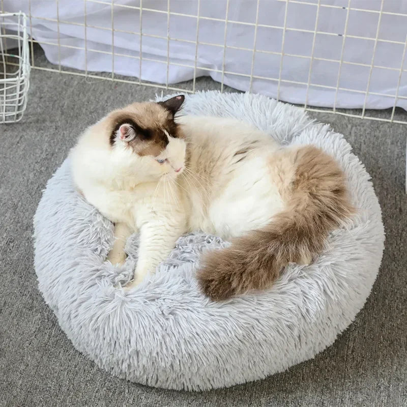 Long haired ultra soft pet cat bed plush washable calming bed donut bed comfortable sleeping artifact