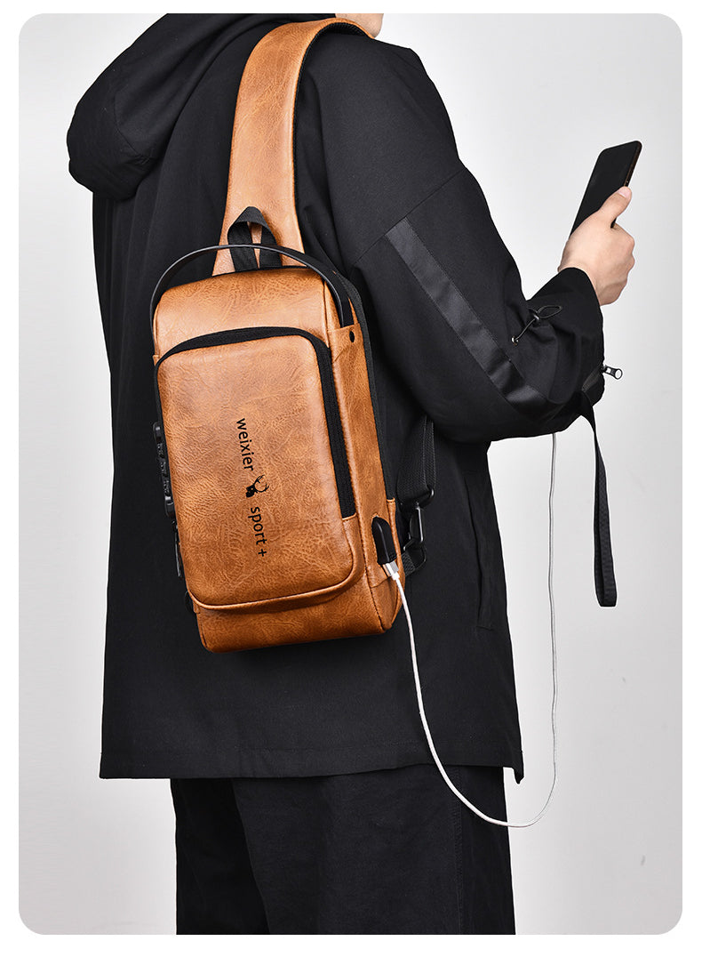 New Casual Chest Bag Travel shoulder bag Men Multifunction Anti-theft USB Charging Crossbody Bag Quality PU Leather Pack Male