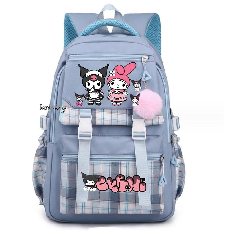 Lovely Kuromi Melody Backpacks Cosplay Plaid Women Men multi-pocket Lightweight School Bags Travel Ins Capacity Laptop Mochilas
