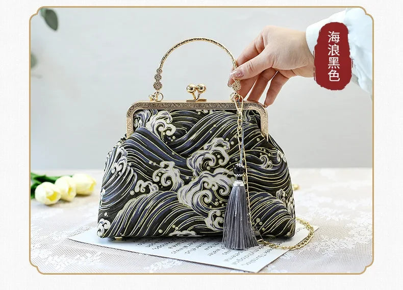 Fashion Vintage Fringe Bag Small Shell Bags Chain Women Shoulder Crossbody Bag Crane Flying Women's Handbags Purses Embroidery
