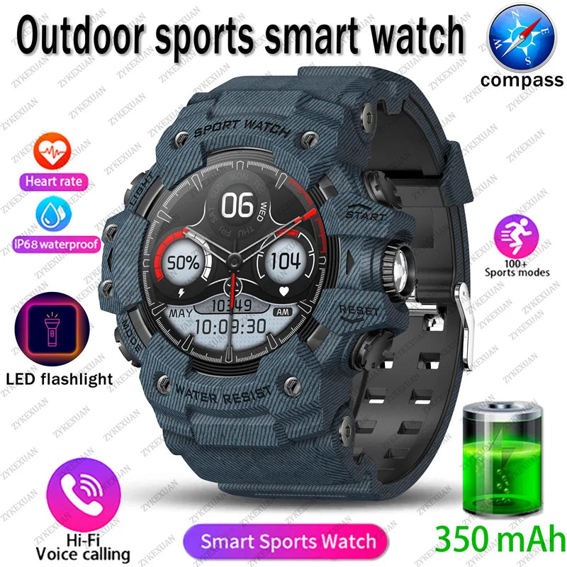 2025 Rugged Sport Smart Watch Bluetooth Calls Colorful Waterproof Military Smartwatches with Flashlight SOS COMPASS for Phone