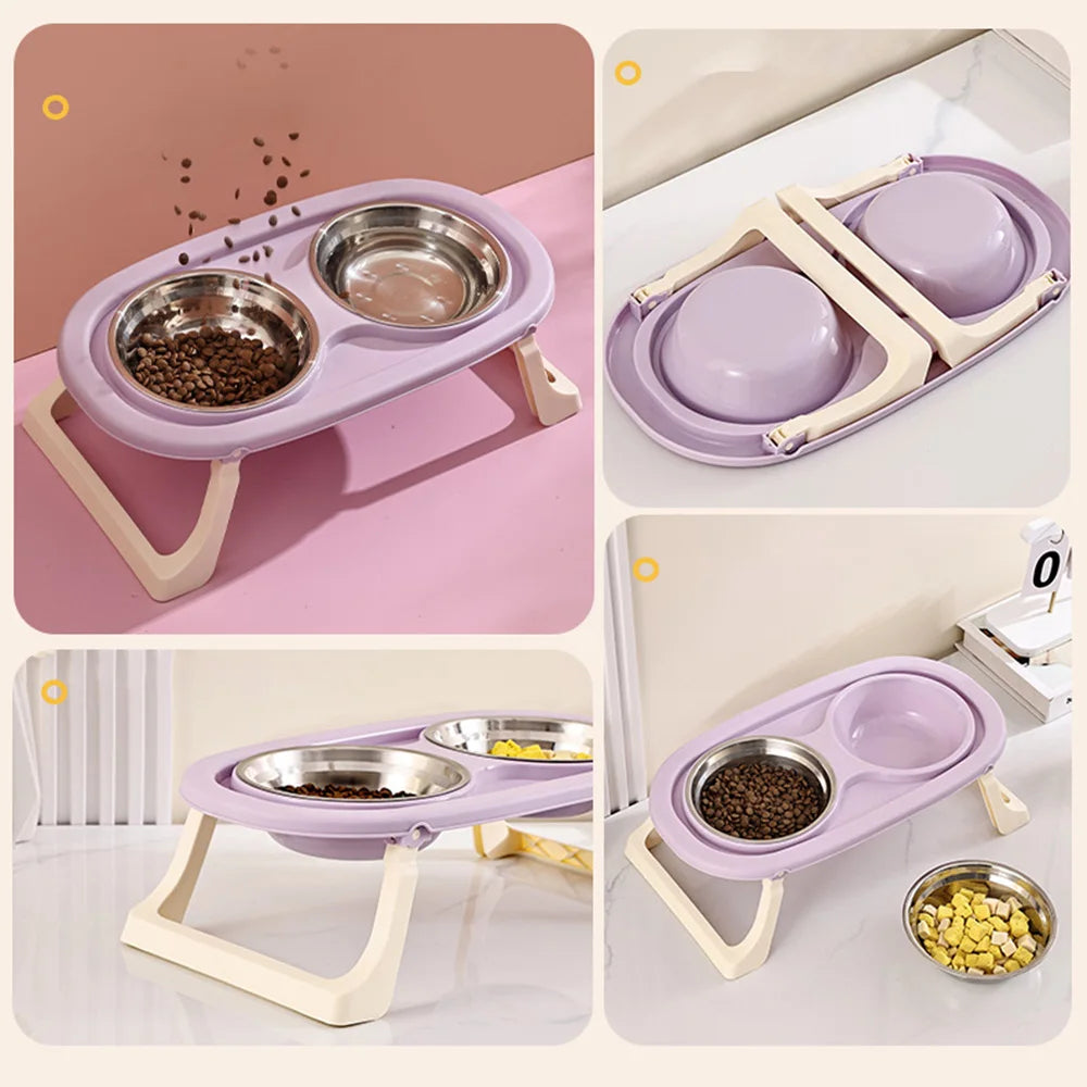 Pet Bowl Double Bowl: Elevated Foldable Design for Cats & Dogs, Anti-Spill, Large Capacity, Cat Food Bowl Dog Feeding Plate