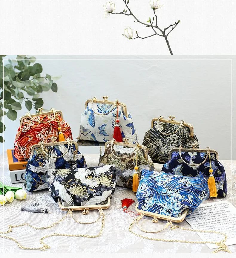 Fashion Vintage Fringe Bag Small Shell Bags Chain Women Shoulder Crossbody Bag Crane Flying Women's Handbags Purses Embroidery