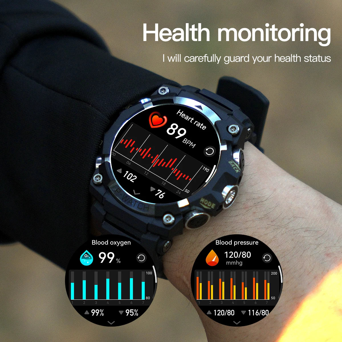 Outdoor Sport Smart Watch LED Flashlight Health Monitor Bracelet Bluetooth Make Answer Call Waterproof Men Military Smartwatch