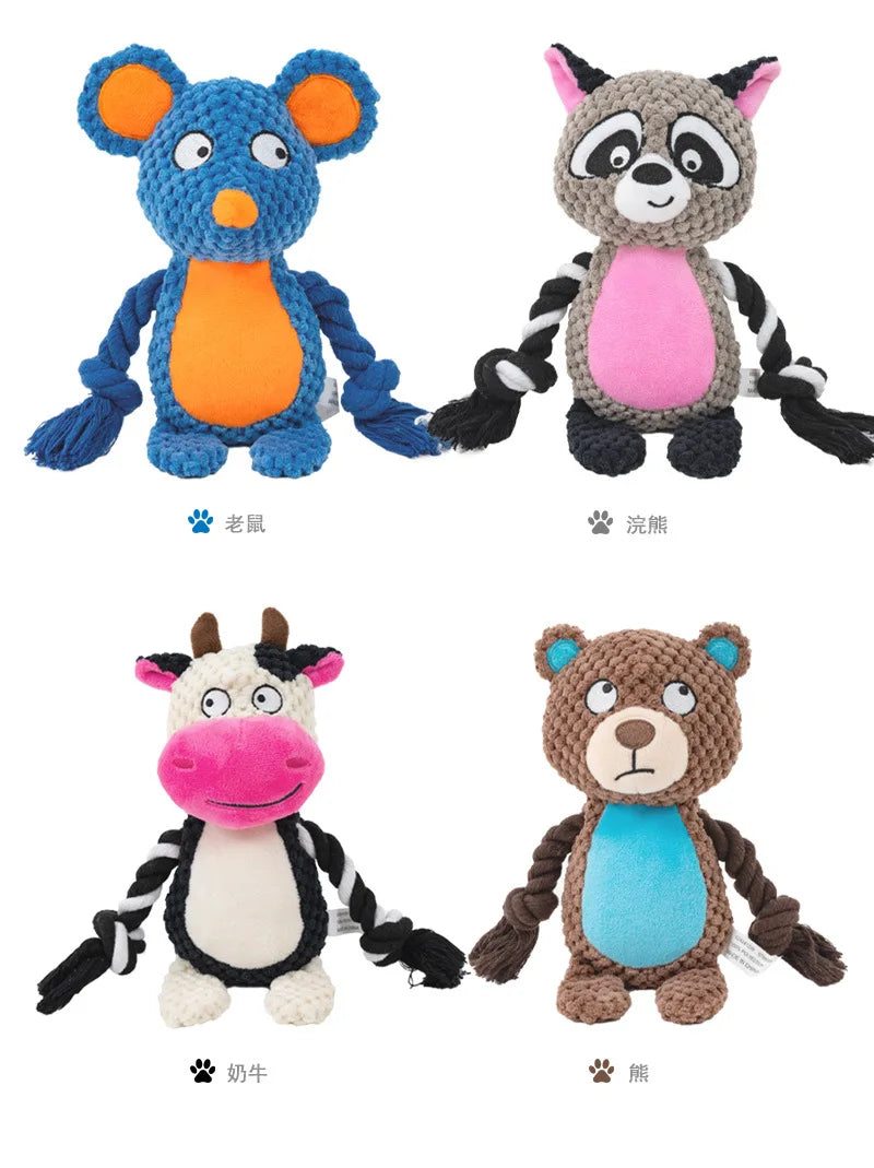 Squeaky Plush Rope Toys for Dogs: Fox Frog Pig Animal Pull Tug Cotton Bite-Resistant Cord - Interactive Training for Puppy Bond