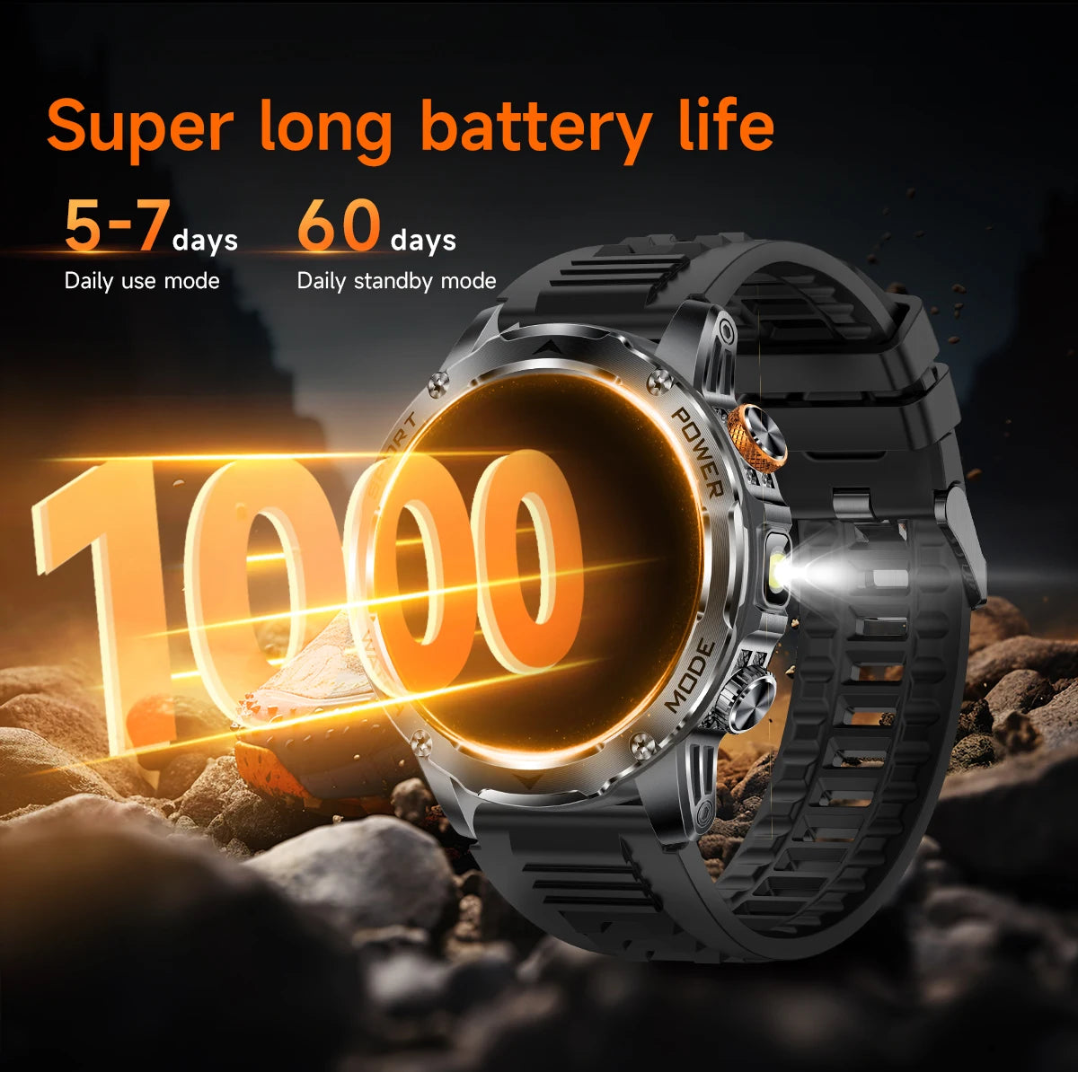 LIGE New Military Outdoor Sport Smart Watch Men Flashlight IP68 Waterproof 1.7" HD Wireless Call Smartwatch 1000mAh Big Battery