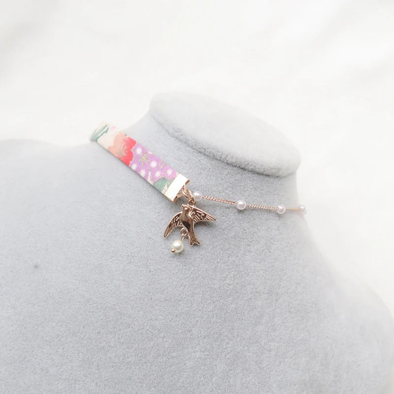 Fashion Women's Choker Necklace Lovely Gothic Pink Lace Pearl Pendant Elastic Short Clavicle Necklace Jewelry Gift For Girls