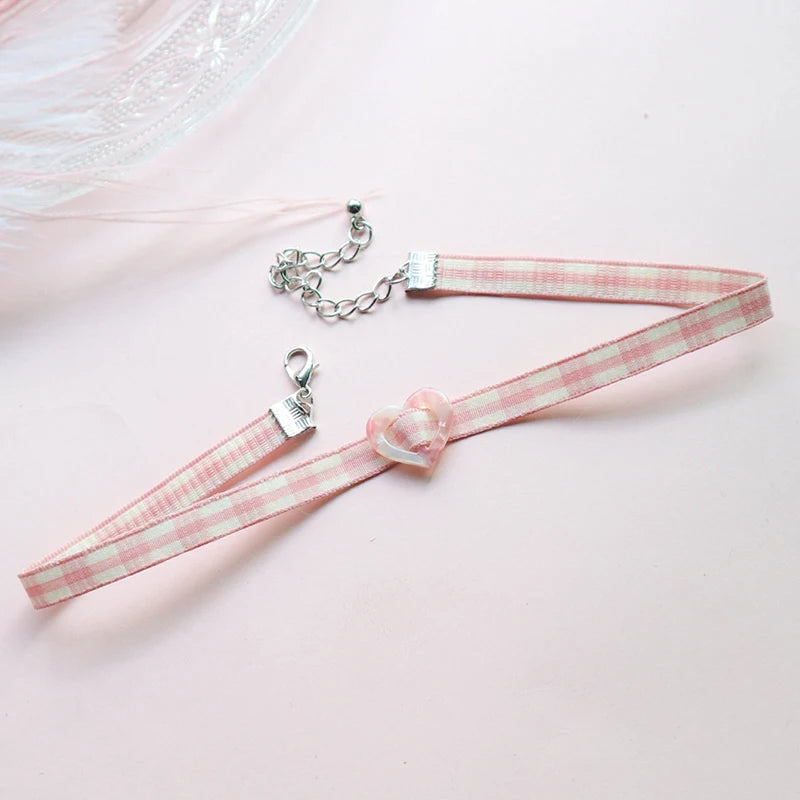Fashion Women's Choker Necklace Lovely Gothic Pink Lace Pearl Pendant Elastic Short Clavicle Necklace Jewelry Gift For Girls