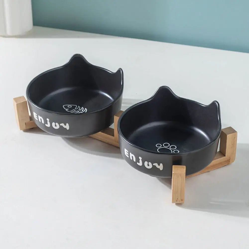 Ceramic Pet Bowl Cute Single/Double Bowl Dog Food Feeding Basin Large Capacity with Rack Pet Drinking Feeder Neck Protection