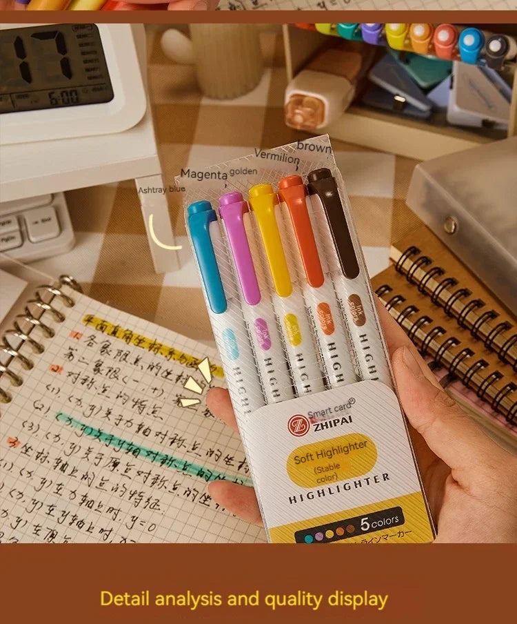5 Colors/box Double Headed Highlighter Pen Set Fluorescent Drawing Markers Highlighters Pens Art Japanese Cute Pastel Stationery