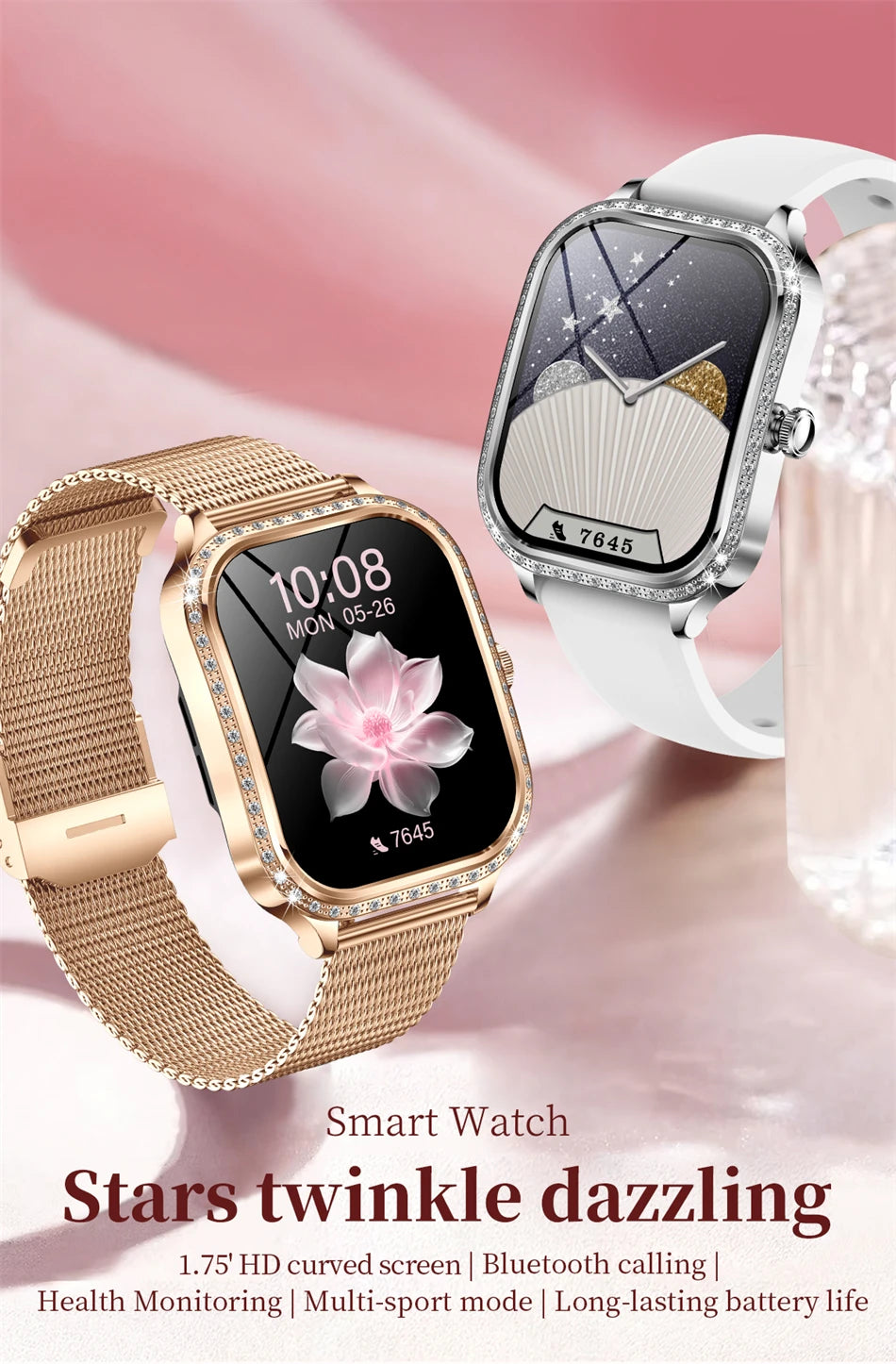 New Fashion Women Smart Watch 1.75inch Curved Screen Sports Bracelet BT HD Calling Clock IP68 Waterproof Diamond Case Smartwatch