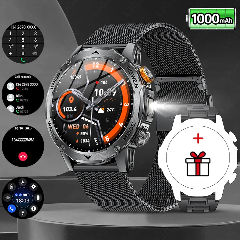 LIGE New Military Outdoor Sport Smart Watch Men Flashlight IP68 Waterproof 1.7" HD Wireless Call Smartwatch 1000mAh Big Battery