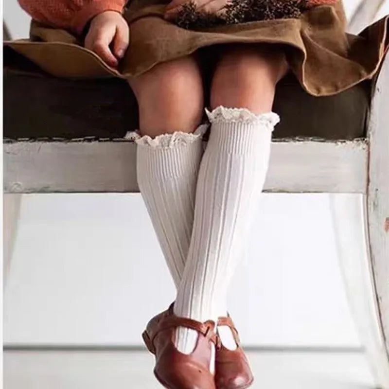 Ruffle Kids Knee High Socks Baby Girls Toddlers Long Soft Cotton Sock Lace Flower Children School Uniform Socks For 0-8 Years