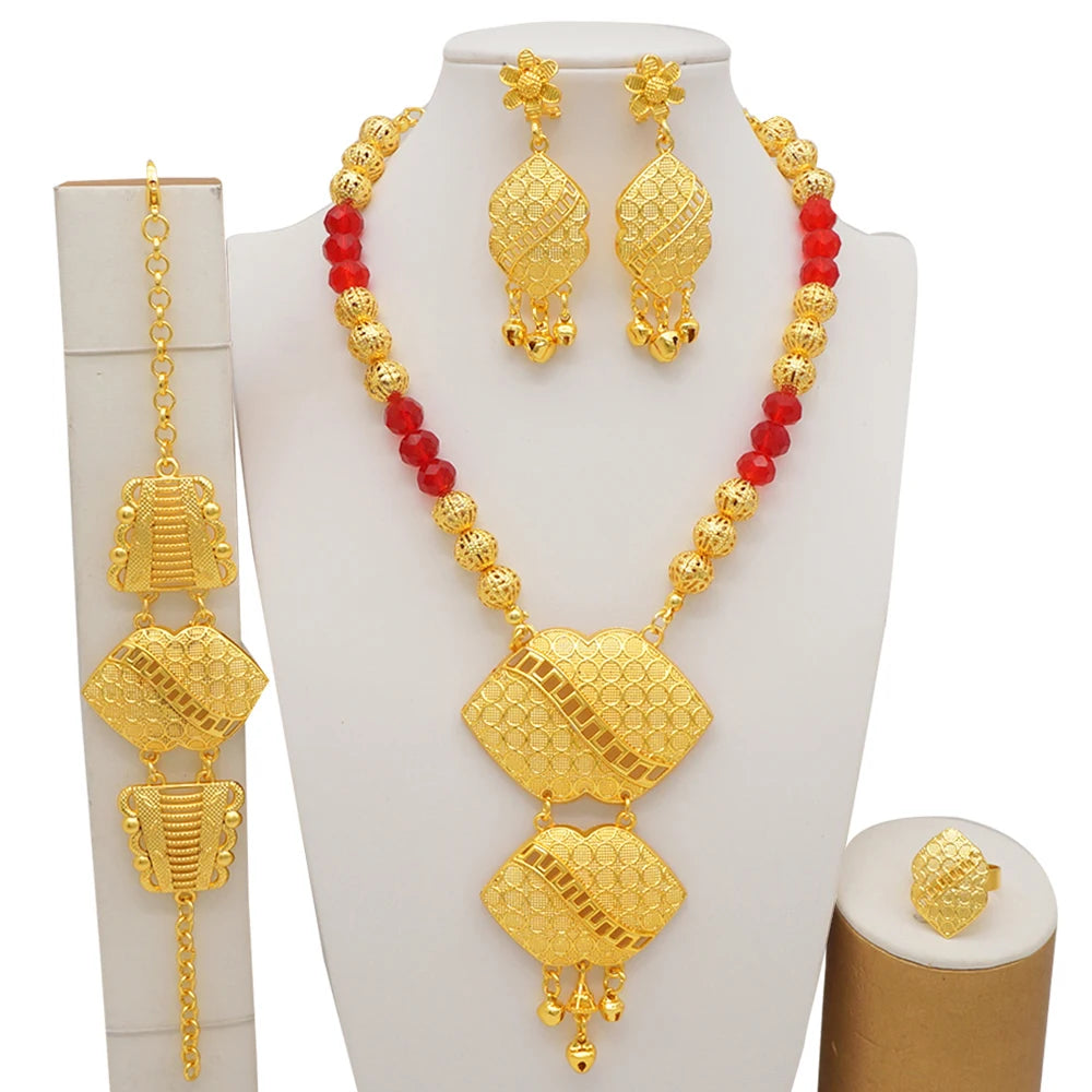 2023 Fine Jewelry Sets For Women Dubai Bridal Wedding Gifts Necklace Bracelet Earrings Ring Jewellery Set African Bead jewelry